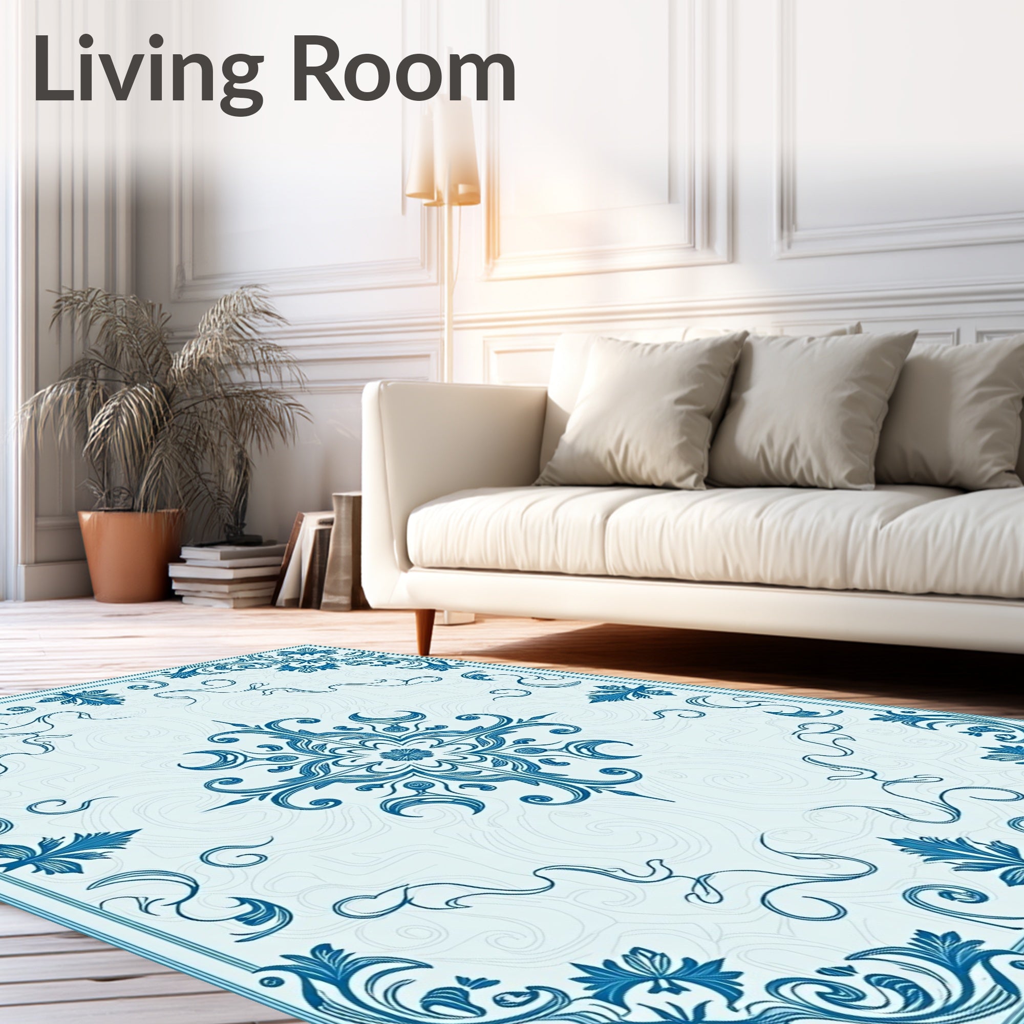 Elegant Blue Floral Scrollwork Pattern Rug