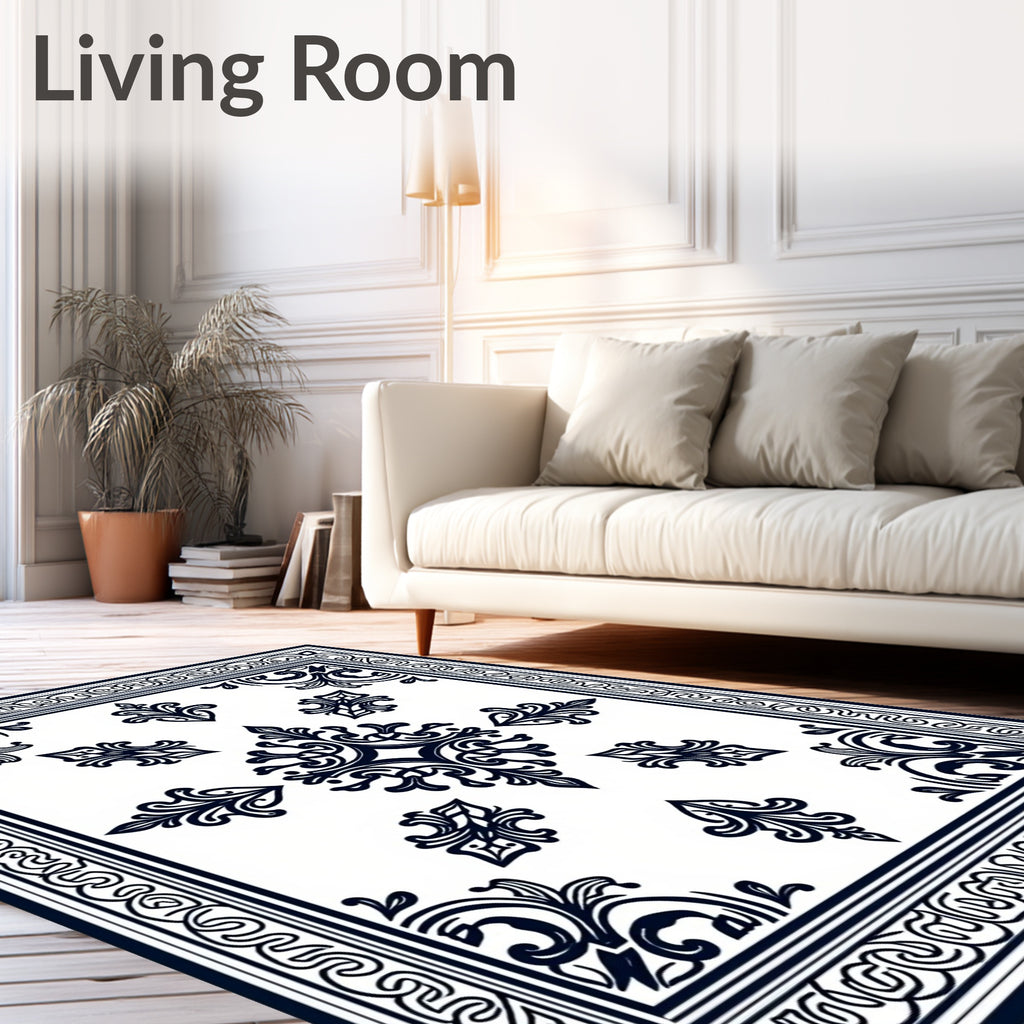 Ornate Black And White Floral Pattern Rug