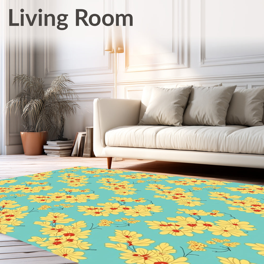 Yellow Floral Branches On Light Blue Rug