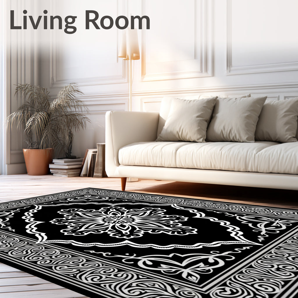 Ornate White Floral Black Pattern Rug