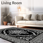 Ornate White Floral Black Pattern Rug