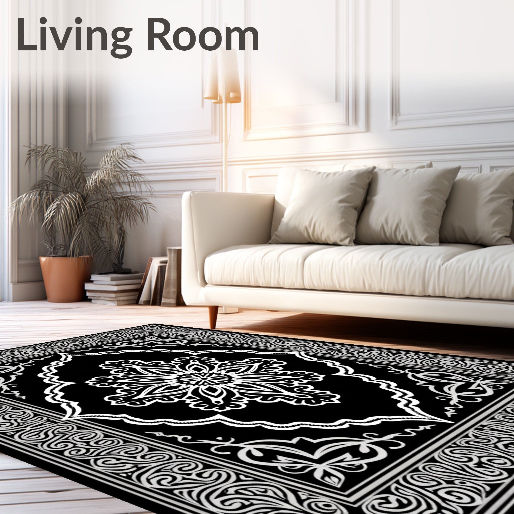 Ornate White Floral Black Pattern Rug