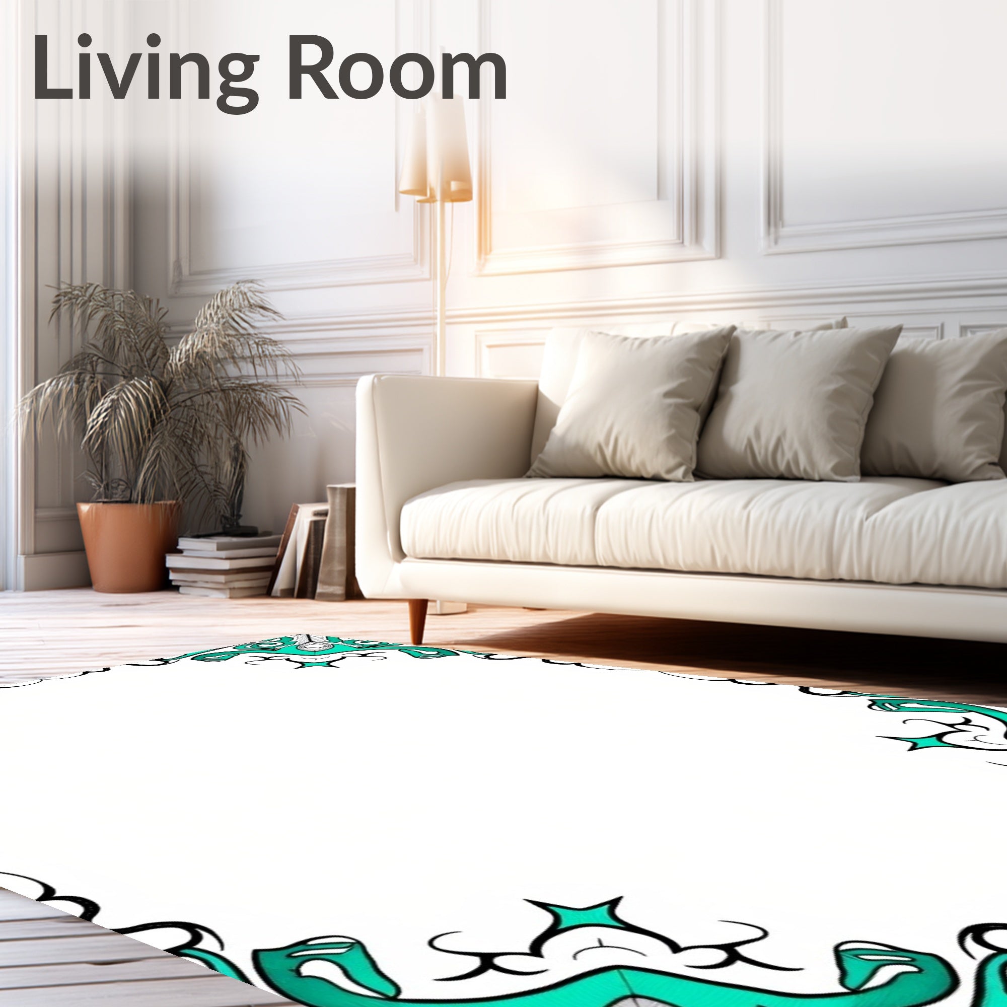 Intricate Teal Swirls Border Design Rug