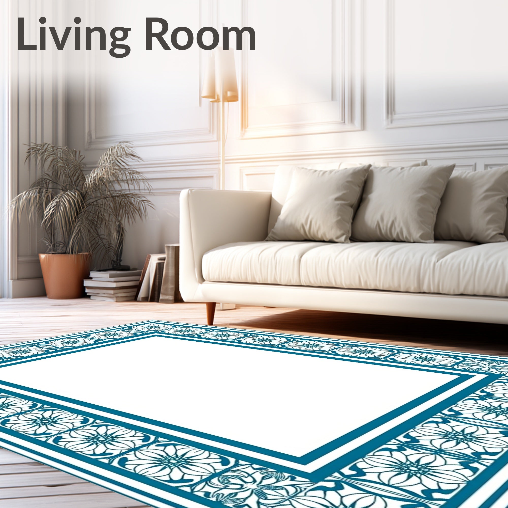 Classic Teal Floral Border Design Rug