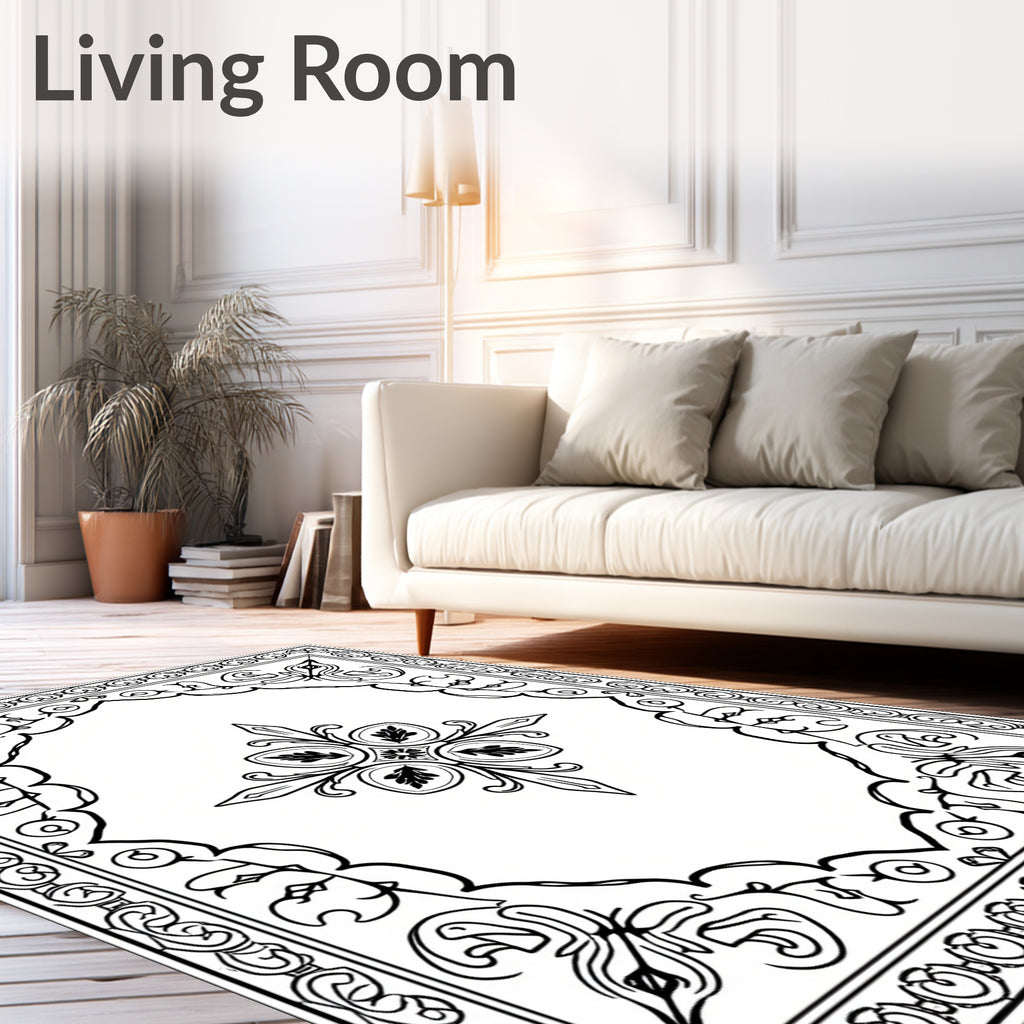 Classic Black White Floral Scroll Rug
