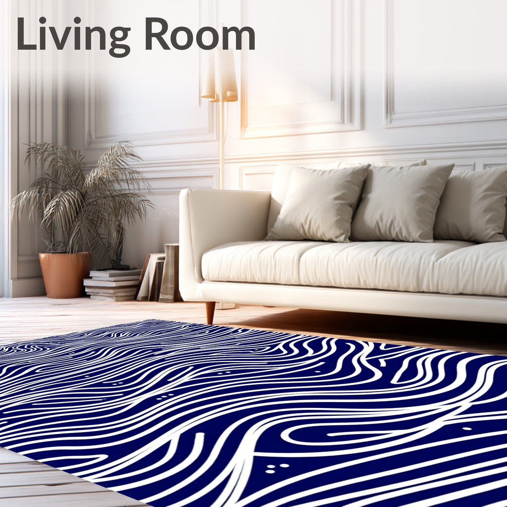 Deep Blue White Wavy Lines Design Rug