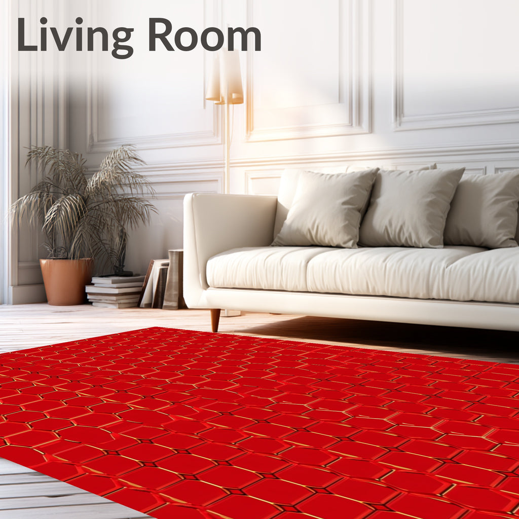 Crimson Hexagonal Metallic Pattern Rug