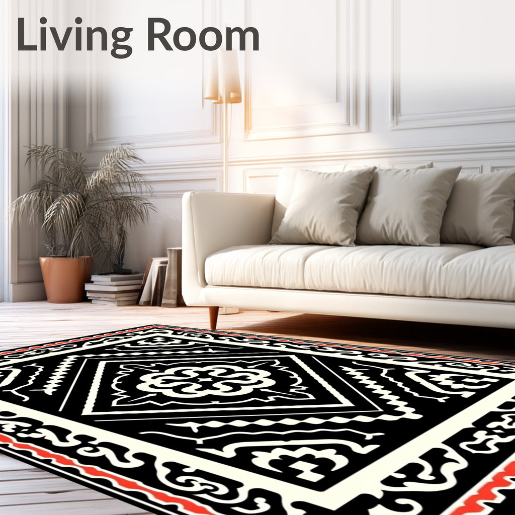 Ornate Black and Red Geometric Pattern Rug