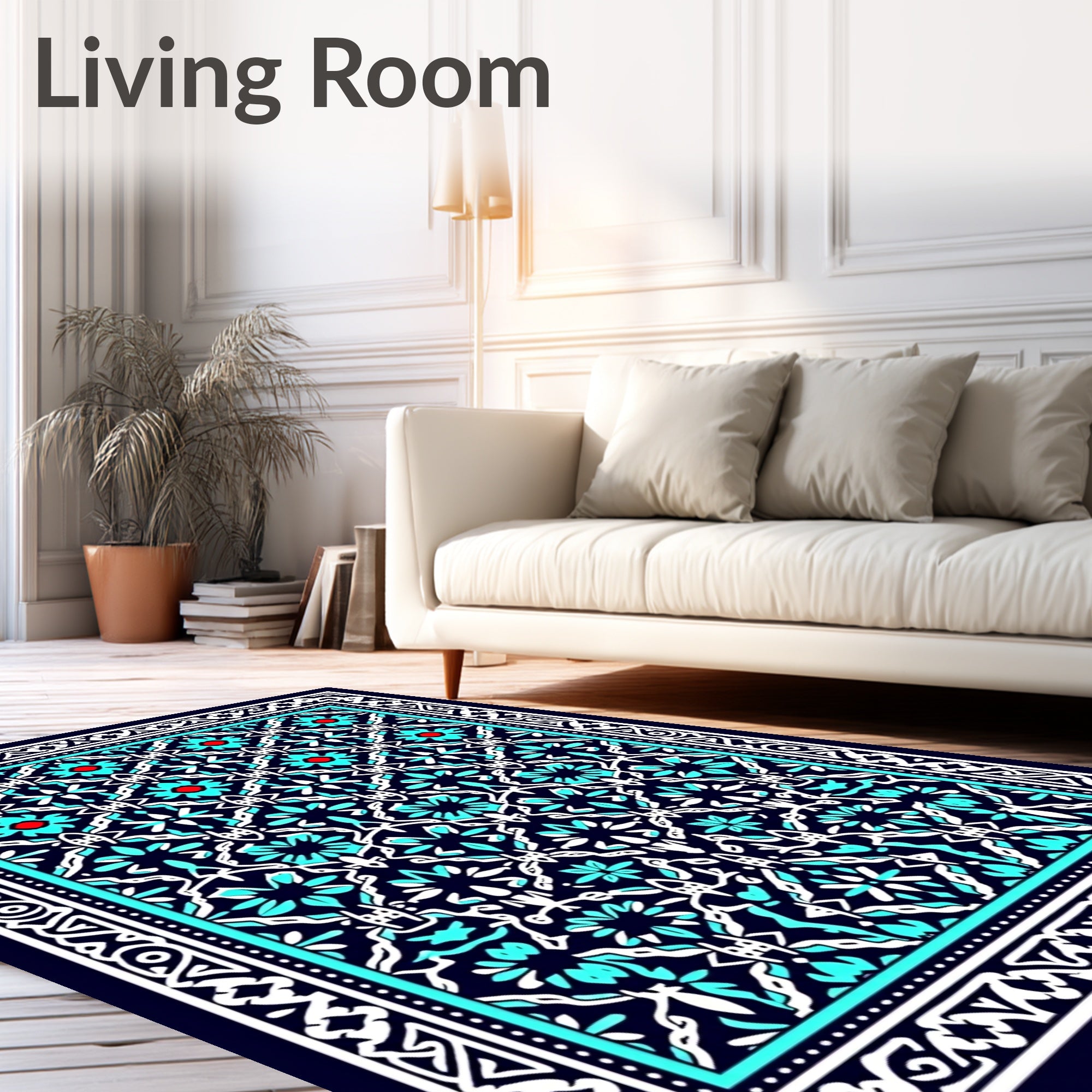 Intricate Teal White Floral Pattern Rug