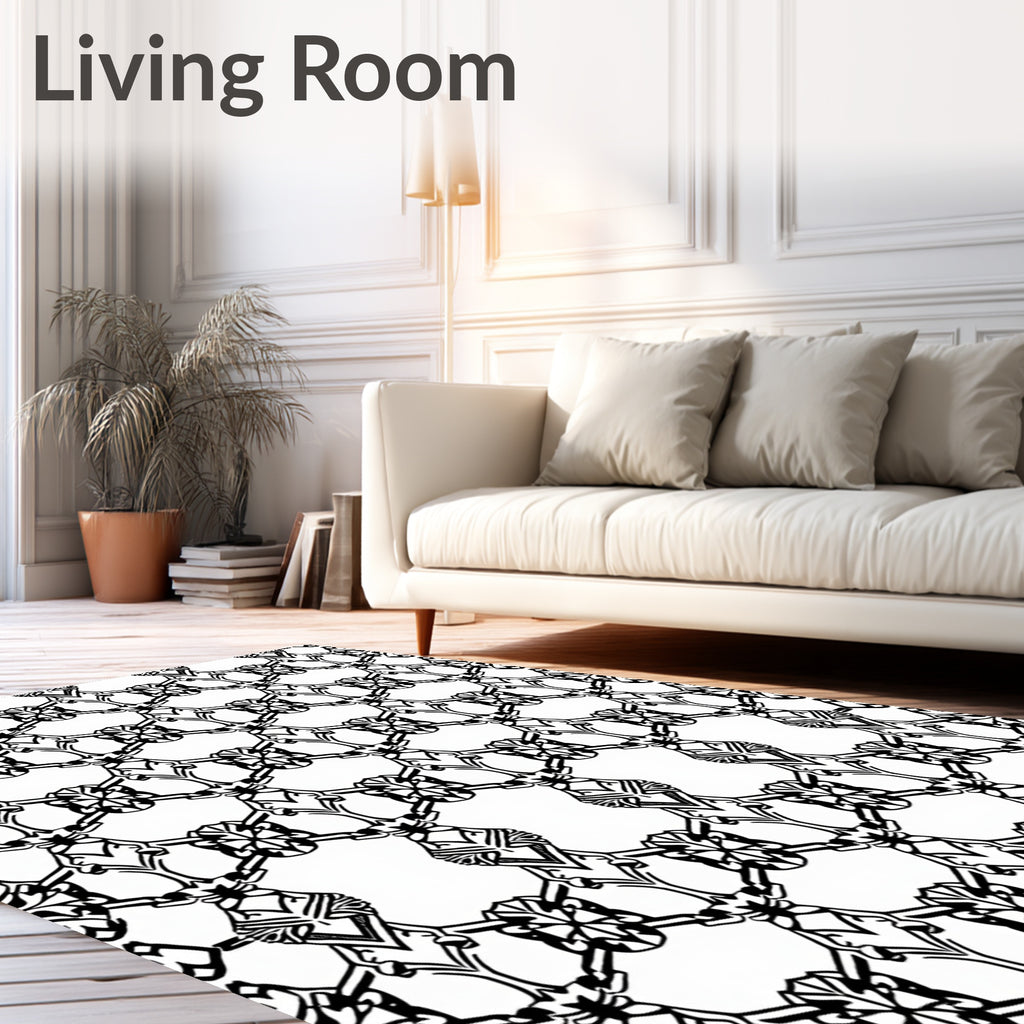 Intricate Black White Chain Link Pattern Rug