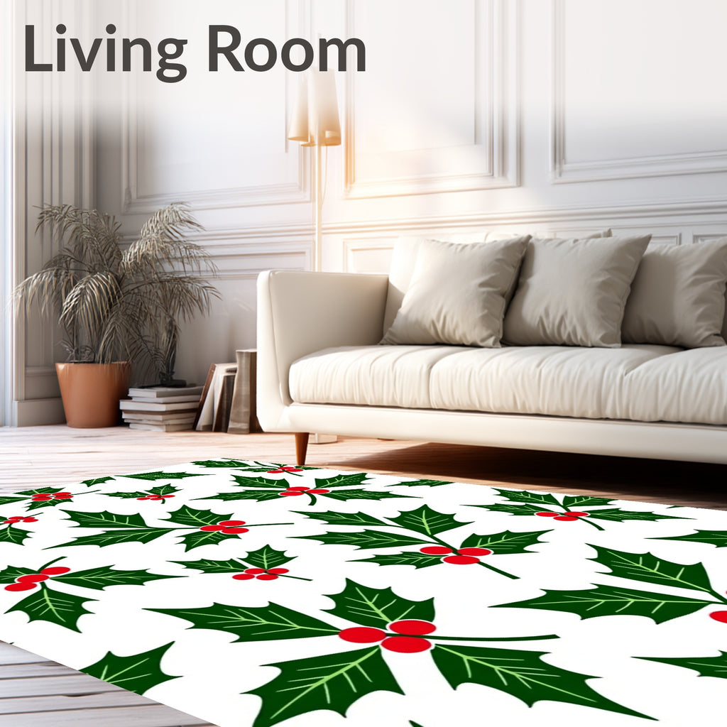 Festive Green Holly Berry Sprigs Rug