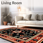 Ornate Black Geometric Floral Pattern Rug
