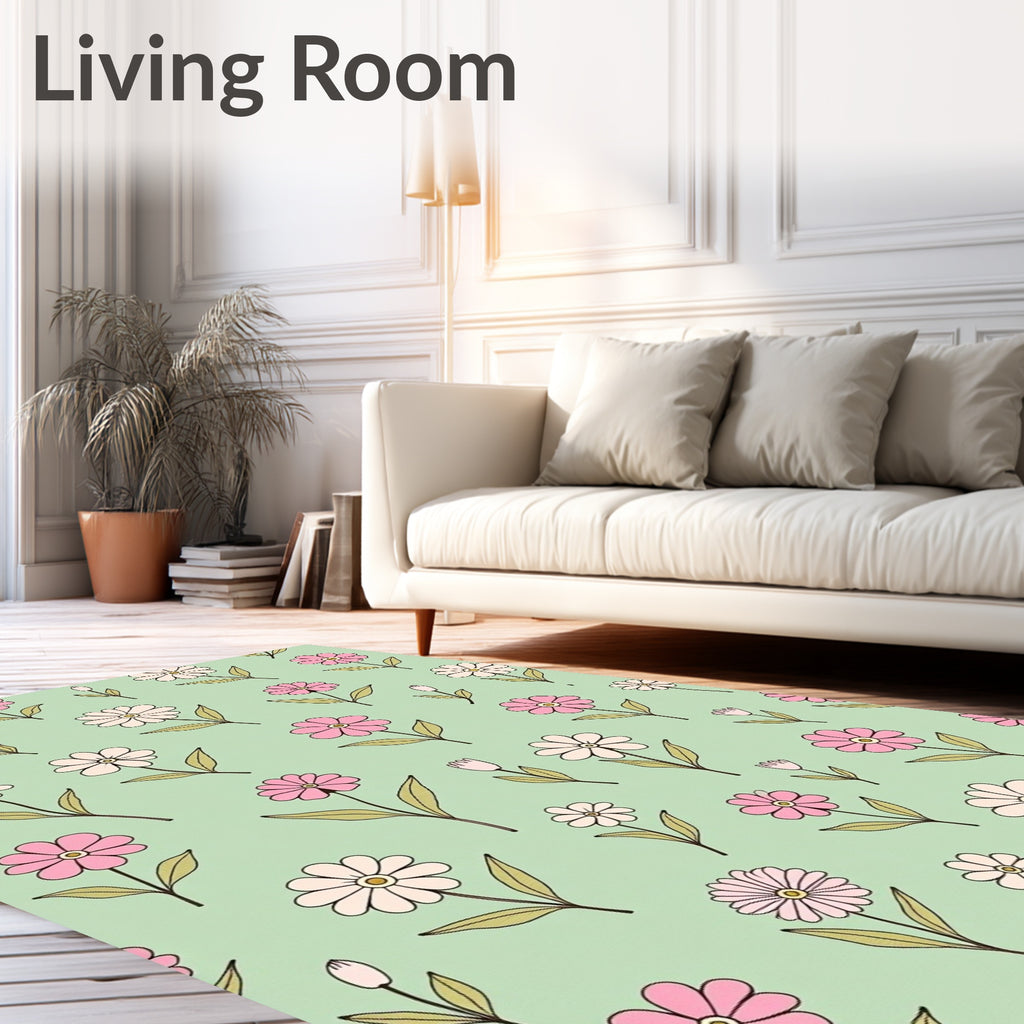 Pastel Pink White Daisy Pattern Rug