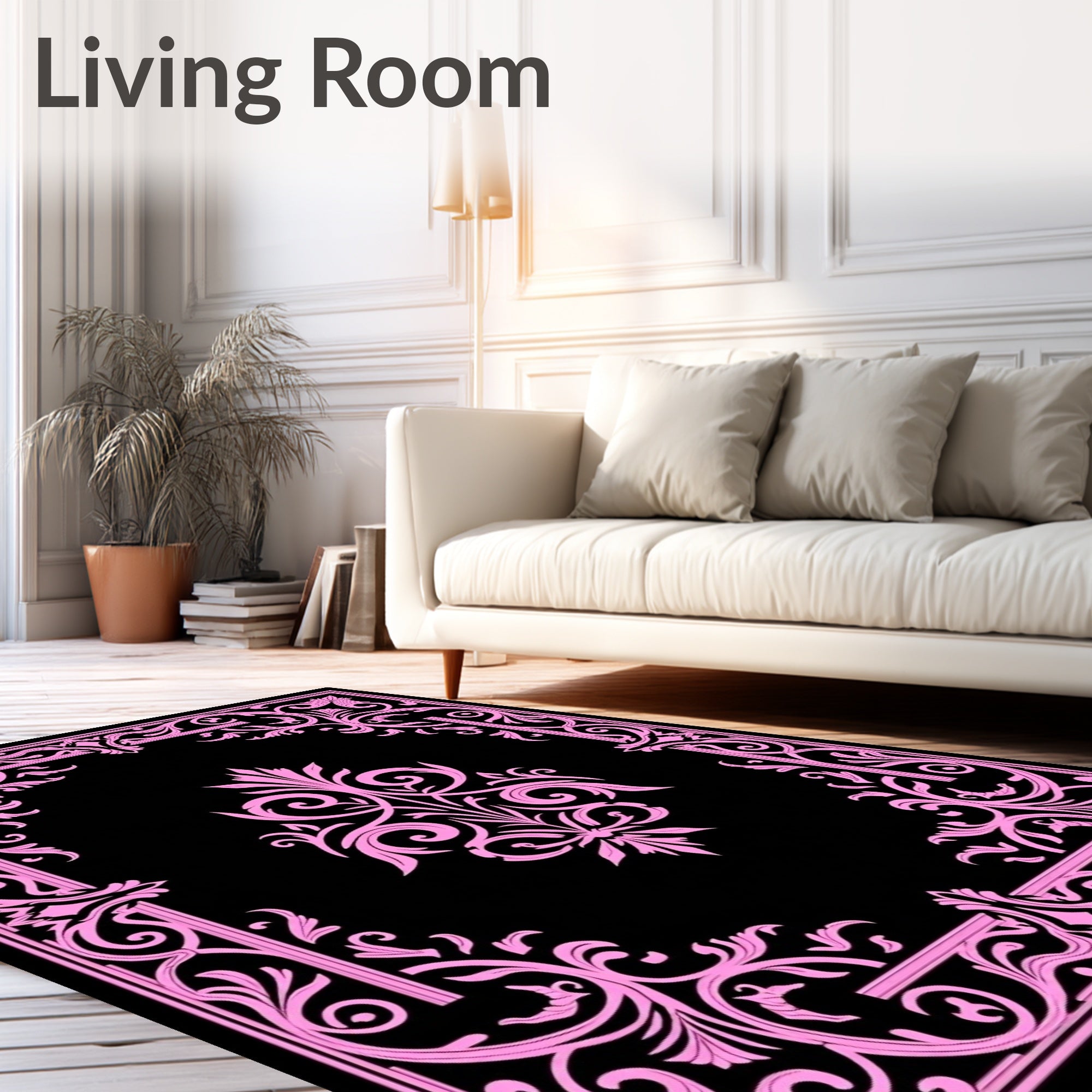Ornate Pink Acanthus Scrollwork Square Design Rug
