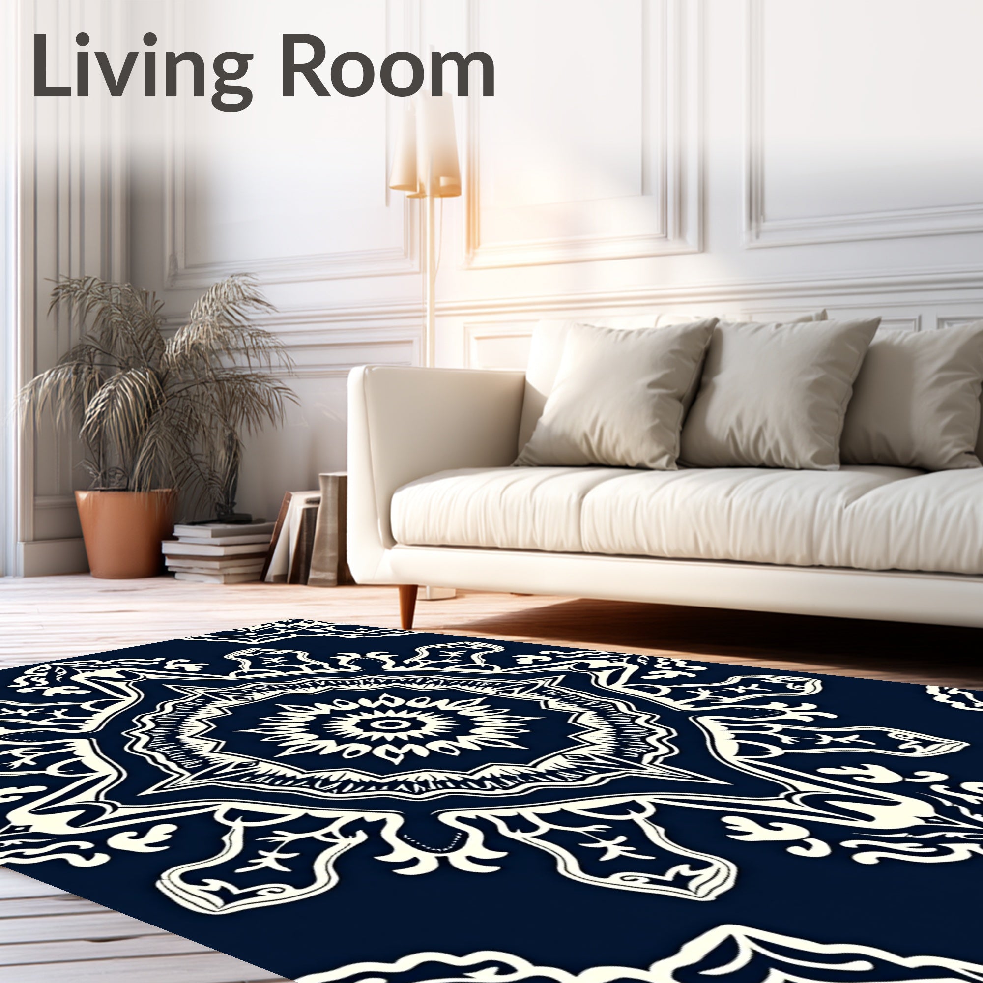 Navy Cream Intricate Mandala Pattern Rug