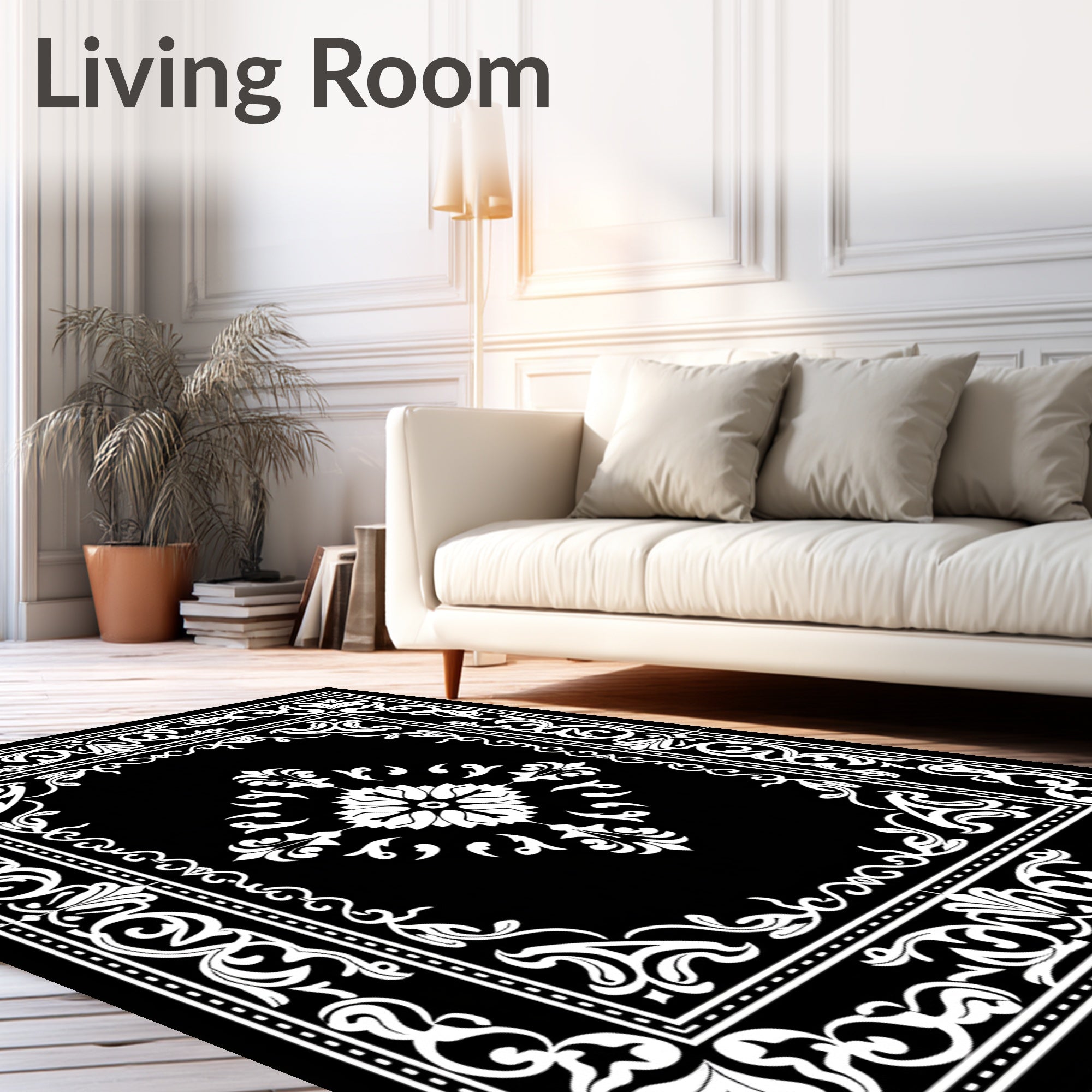 Modern Intricate Floral Swirl Border Rug