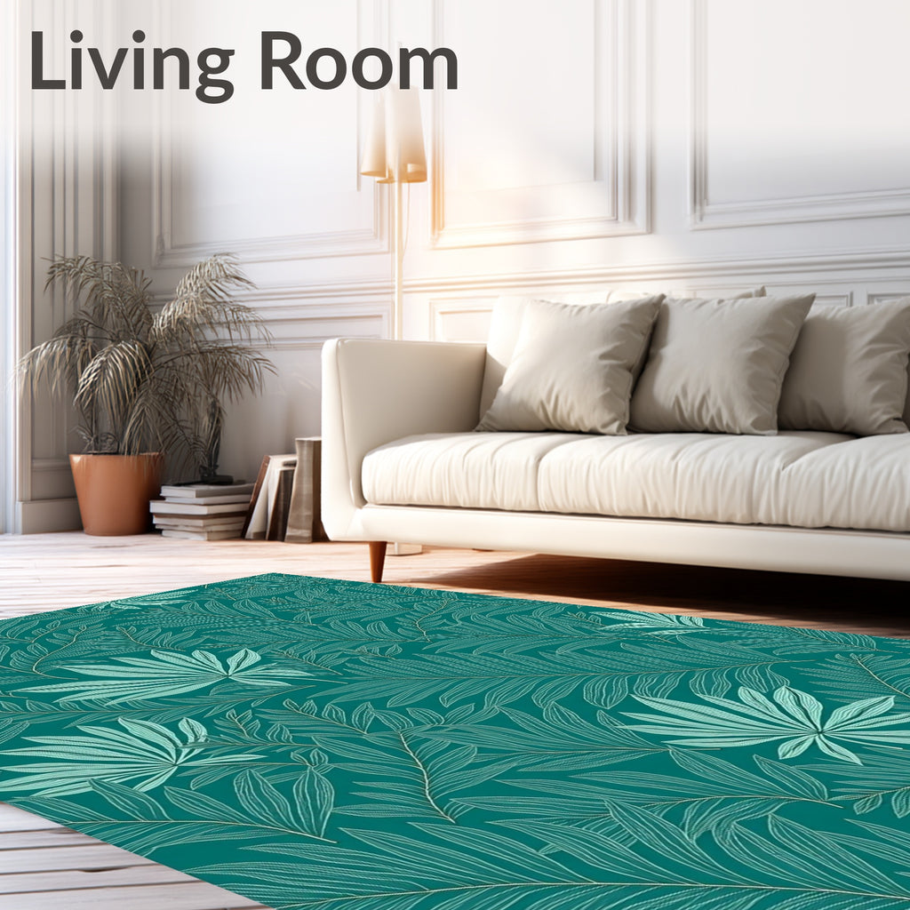 Teal Tropical Leaf Outline Pattern Rug