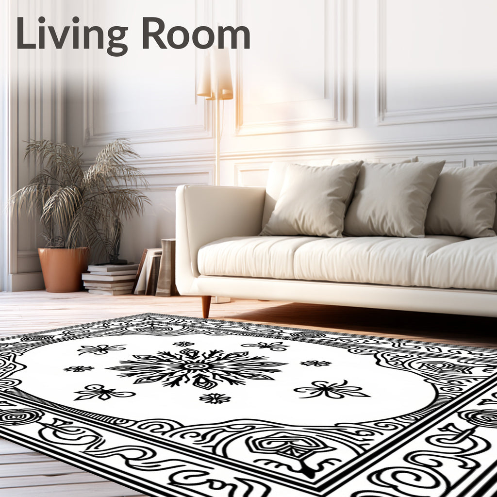 Black White Intricate Floral Mandala Rug