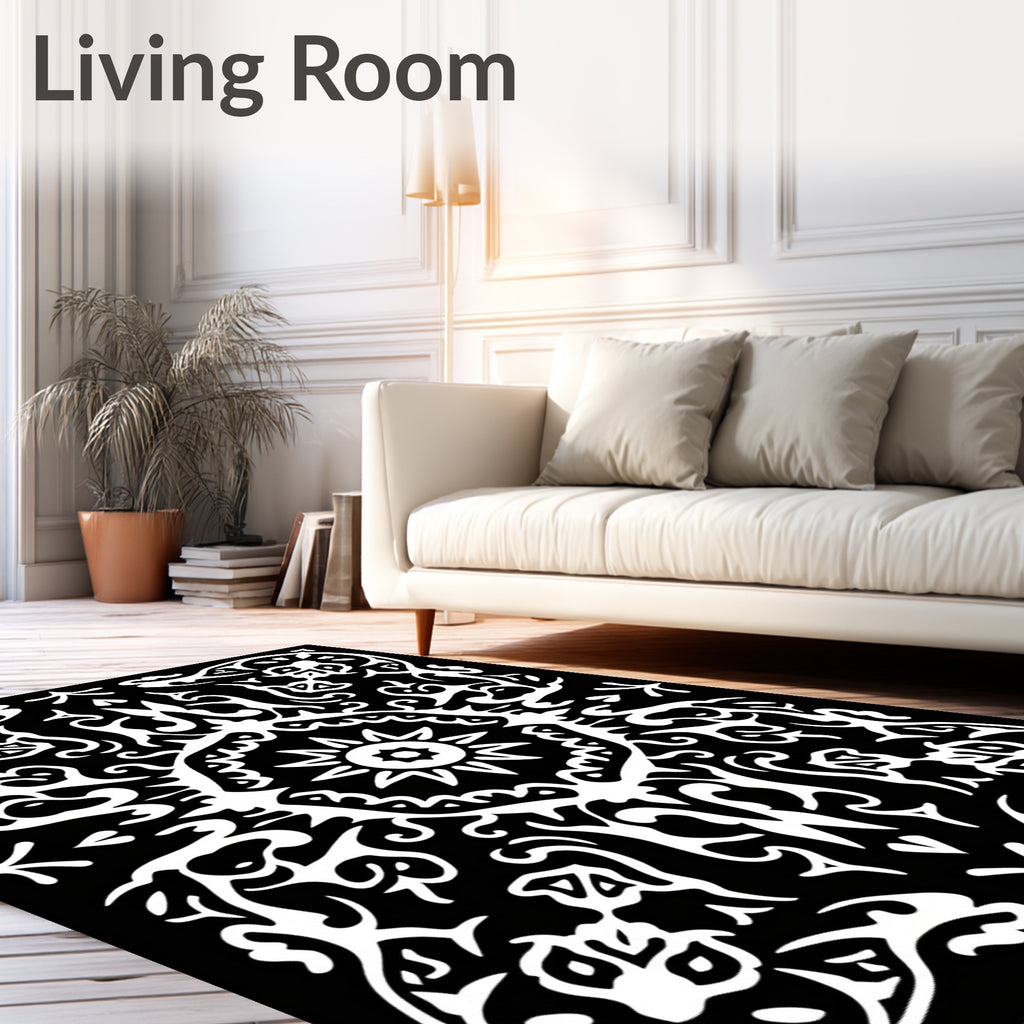 Black White Intricate Floral Scroll Pattern Rug