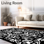 Black White Intricate Floral Scroll Pattern Rug