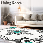 Vibrant Teal Floral Scrollwork Design Rug