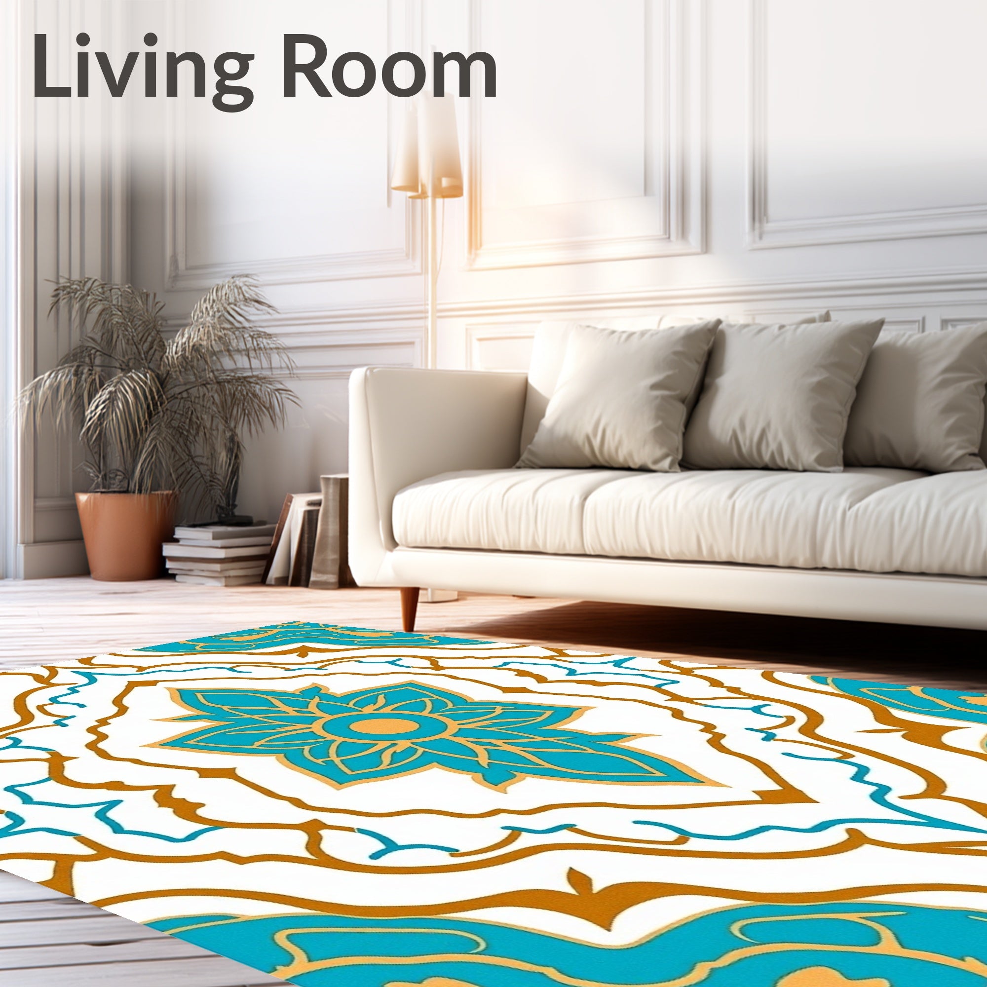 Ornate Teal Gold Floral Medallion Rug