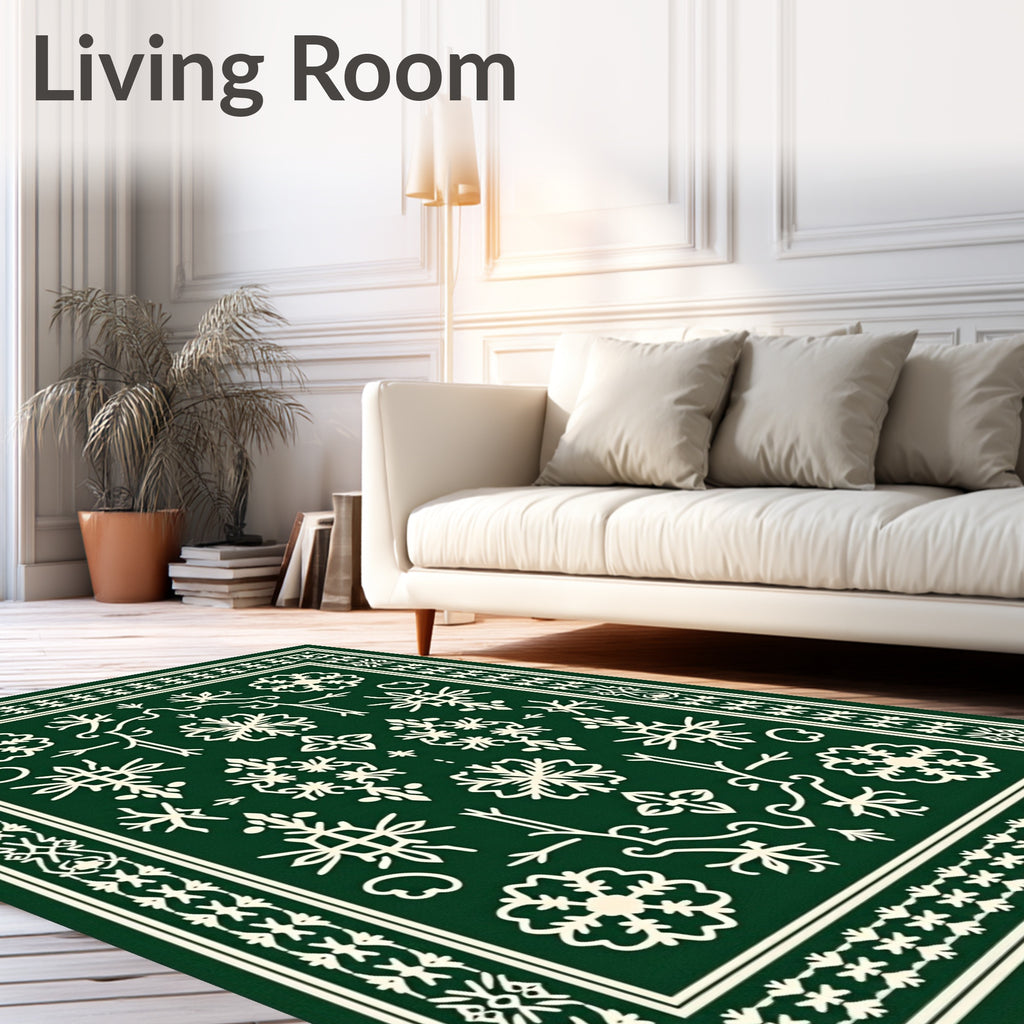 Green Snowflake Medallion Border Design Rug