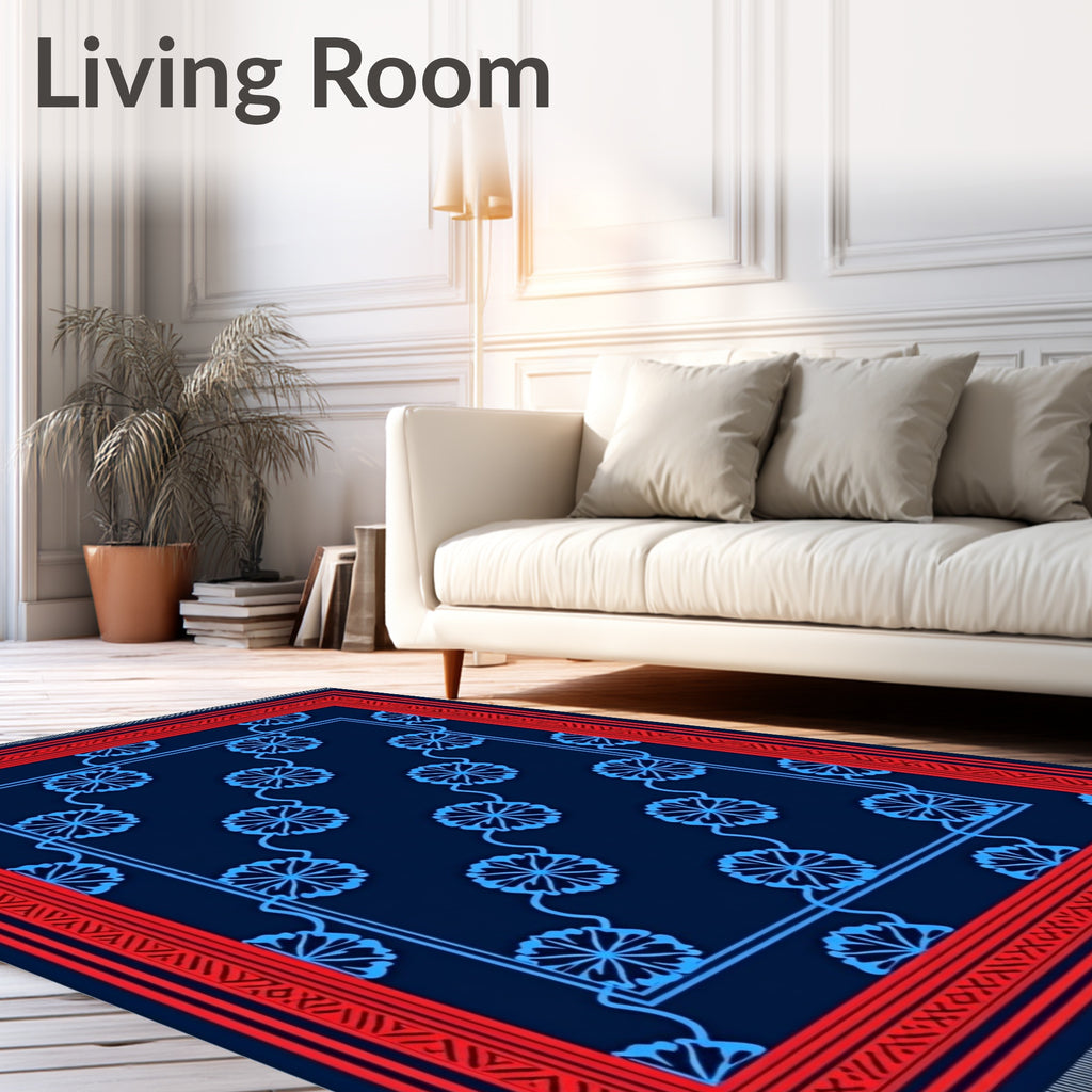 Red Blue Floral Stripe Pattern Rug