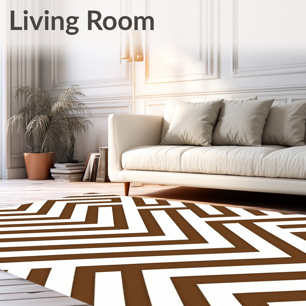 Brown White Geometric Maze Pattern Rug