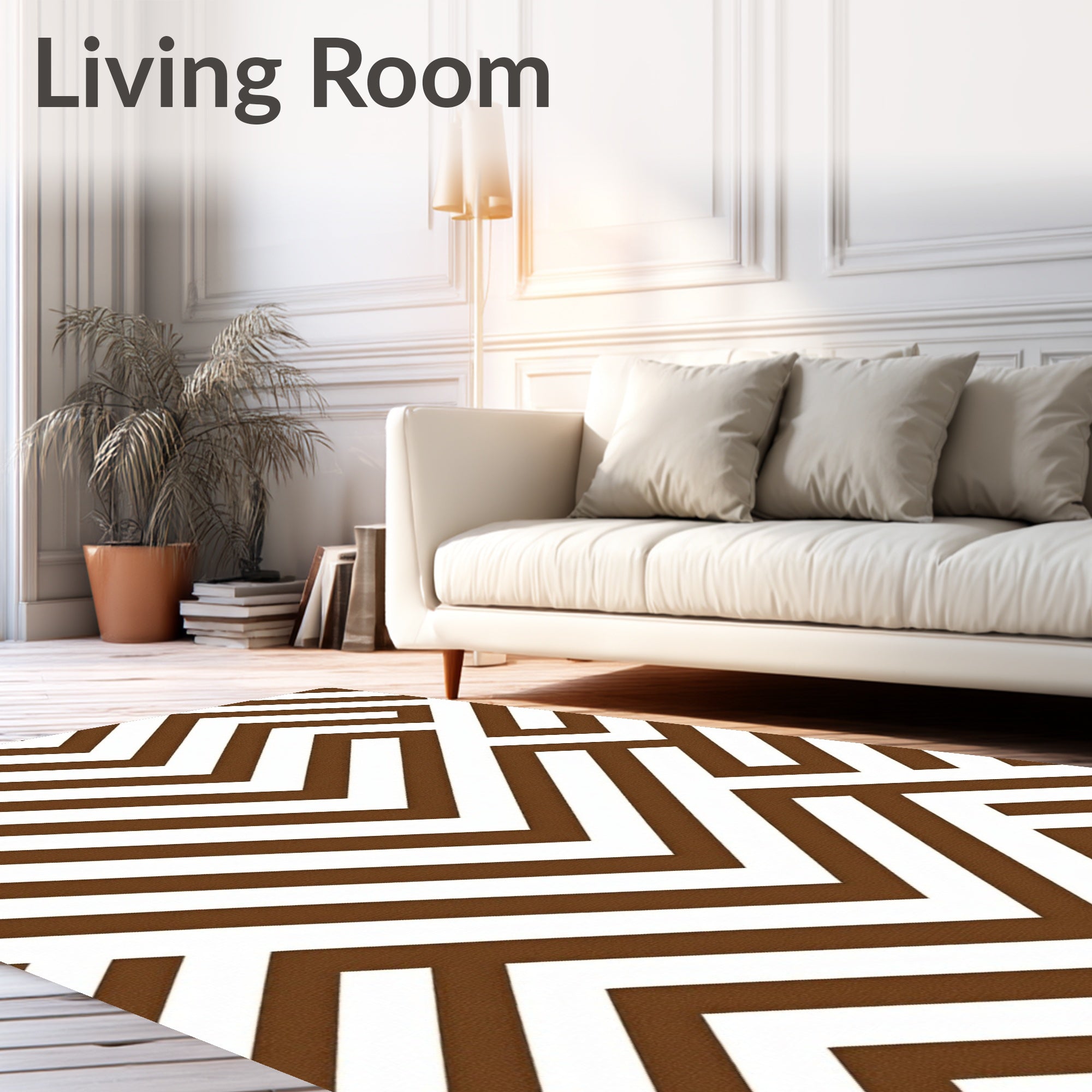 Brown White Geometric Maze Pattern Rug