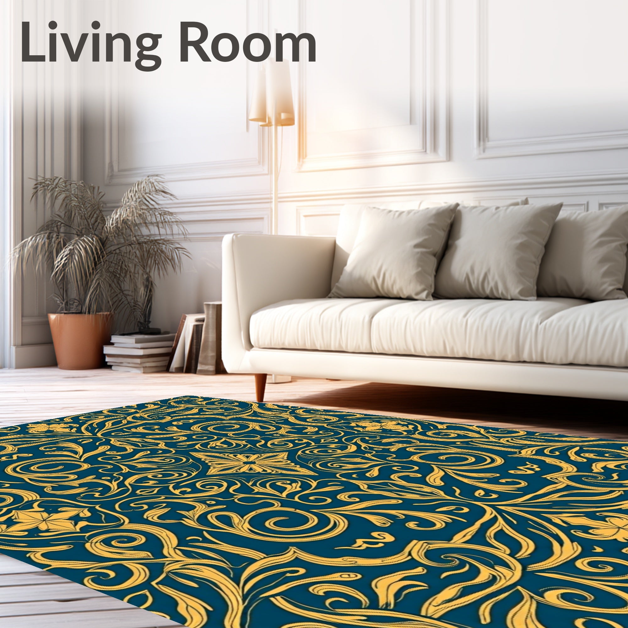 Ornate Golden Scrollwork Pattern Rug