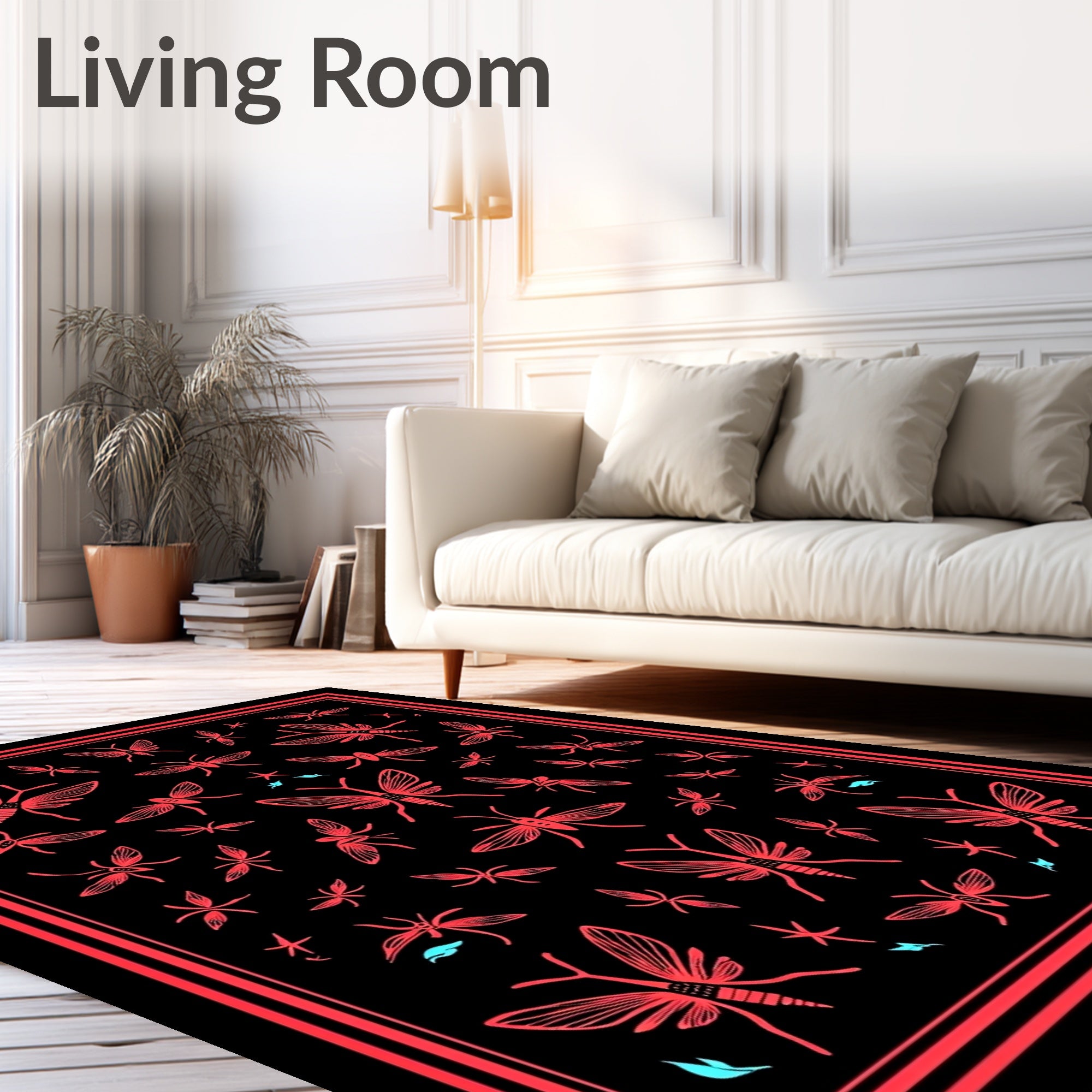 Black Coral Insect Butterfly Pattern Rug