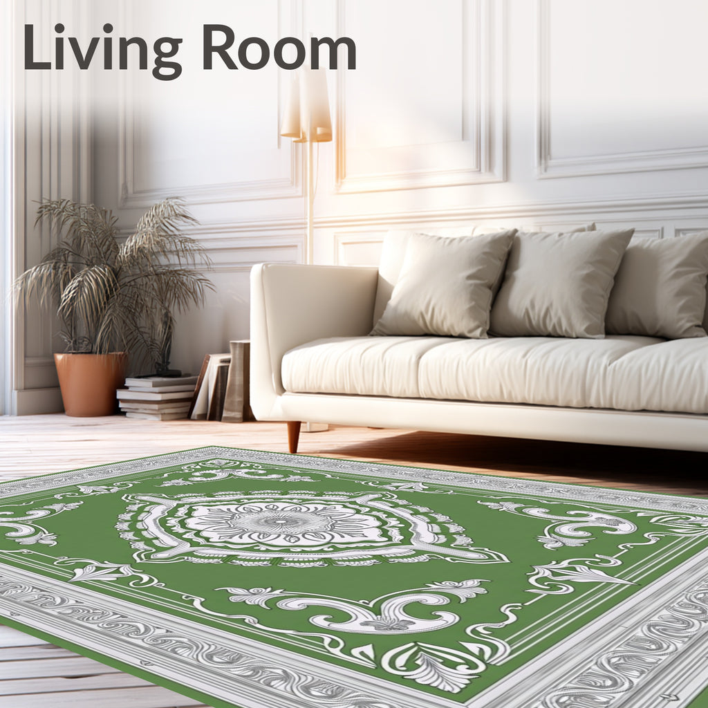 Vintage Green Medallion Scrollwork Pattern Rug