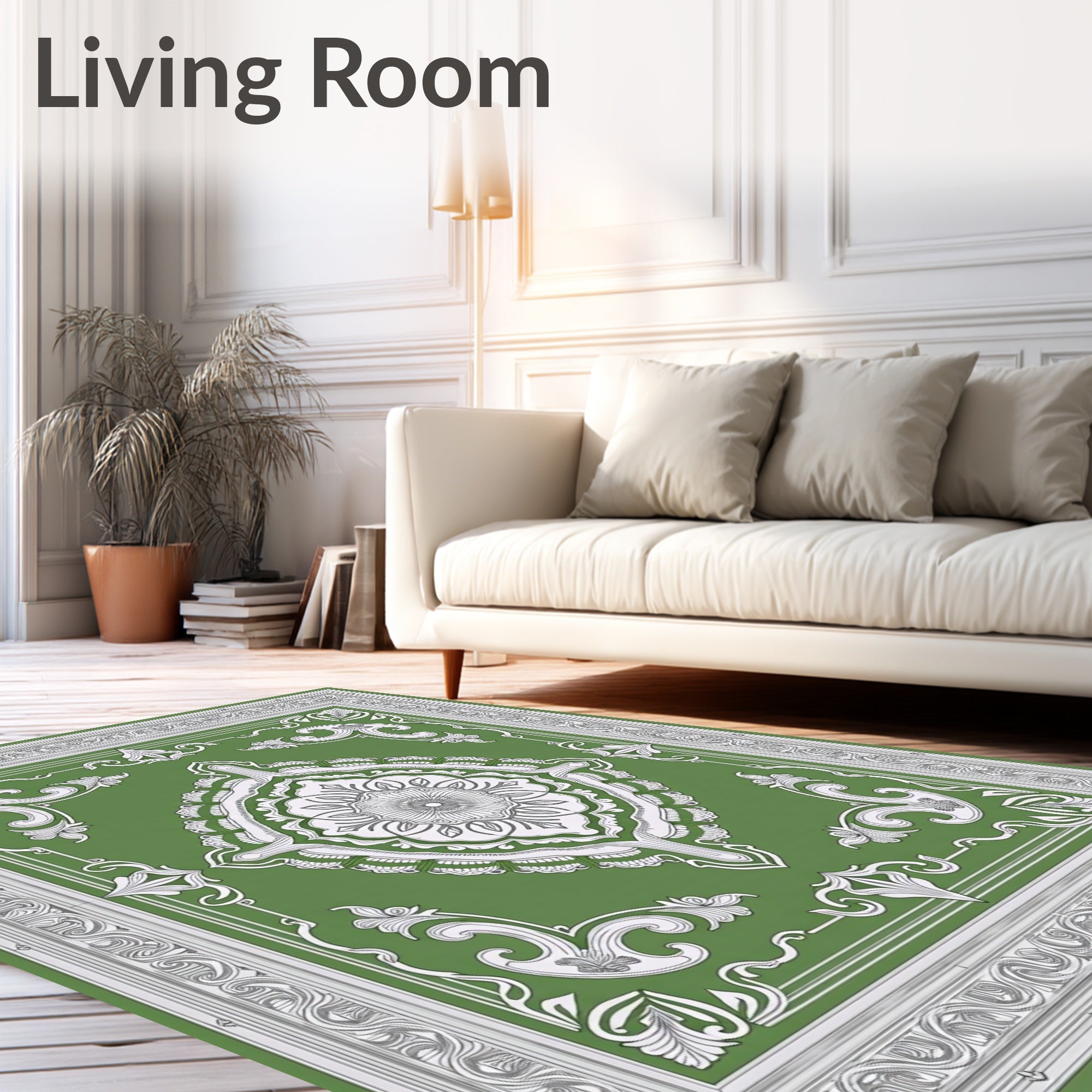 Vintage Green Medallion Scrollwork Pattern Rug