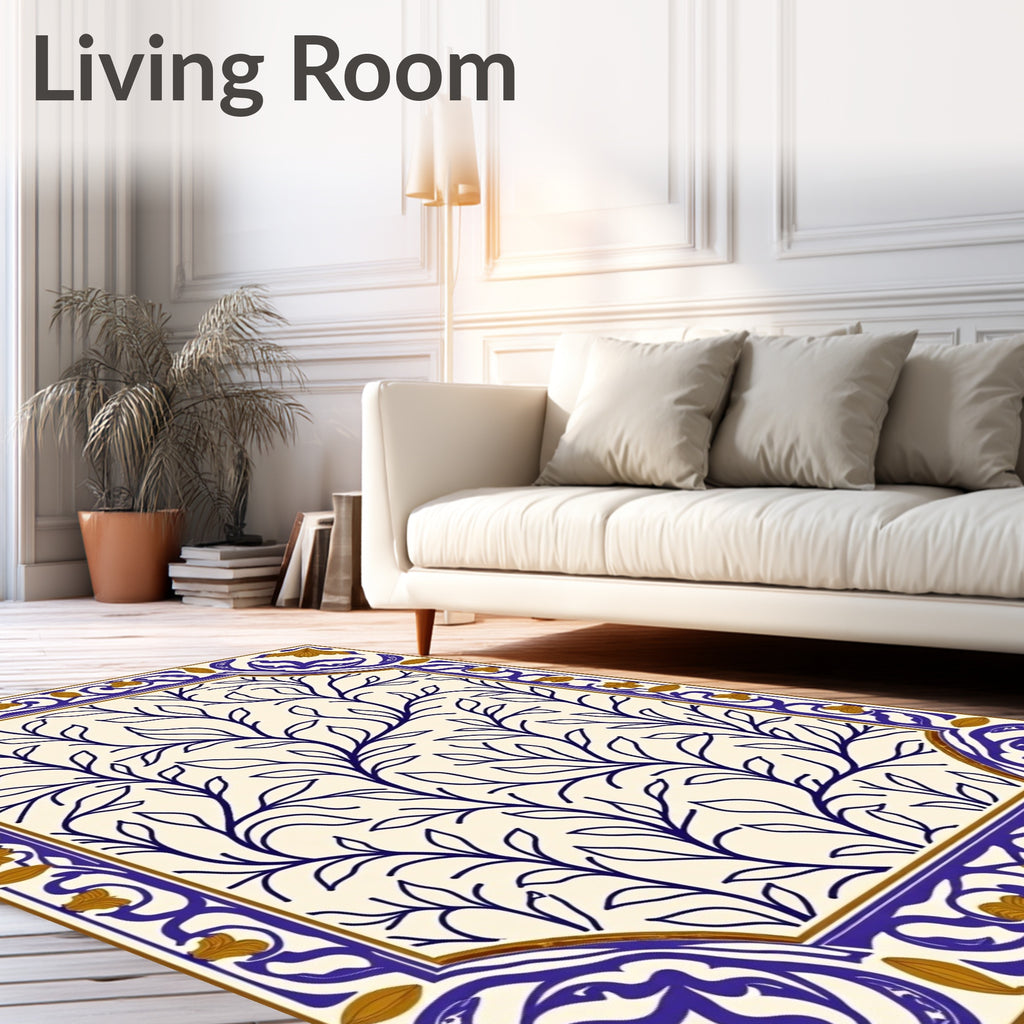 Blue Nature Branch Border Design Rug