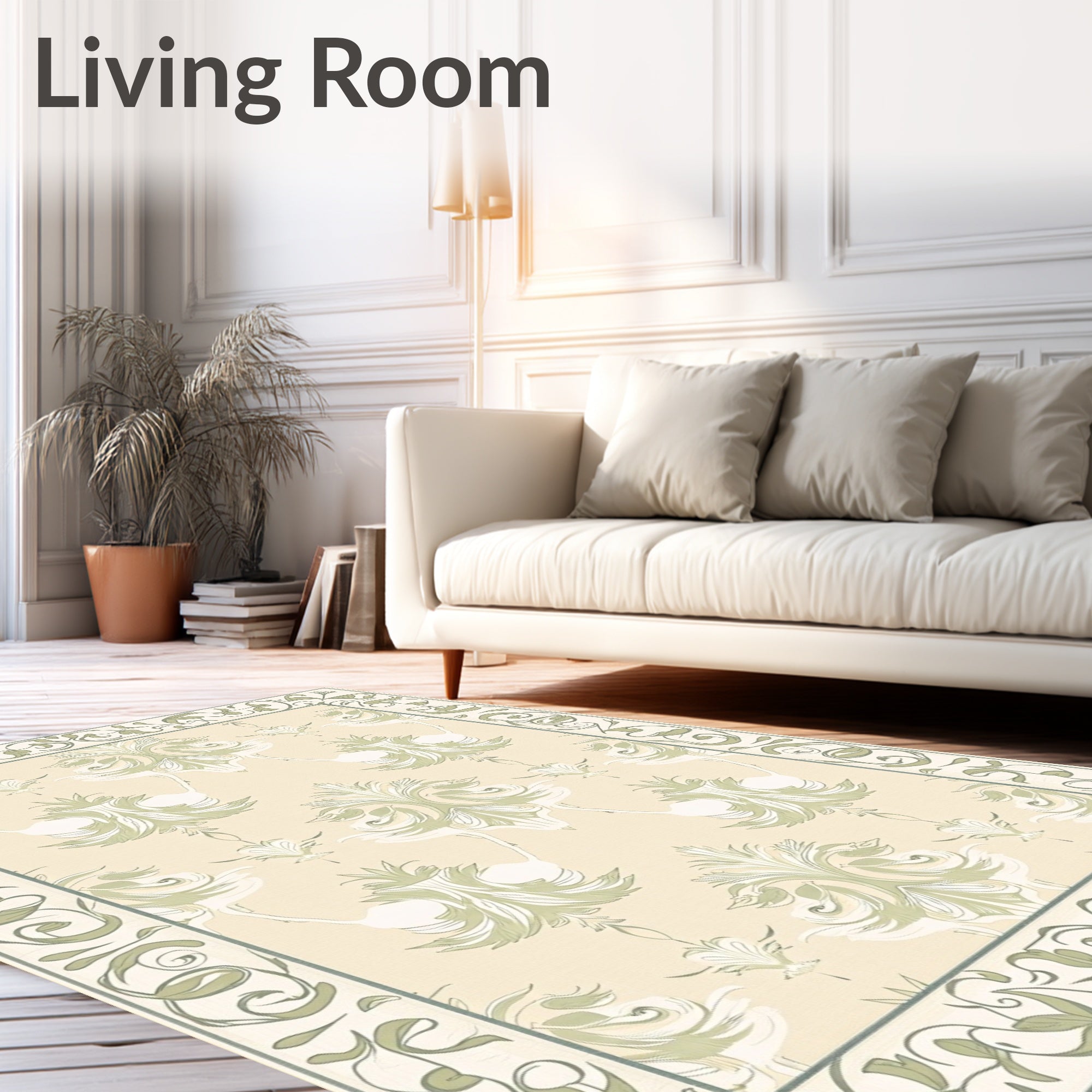 Pastel Cream Floral Crane Motif Rug