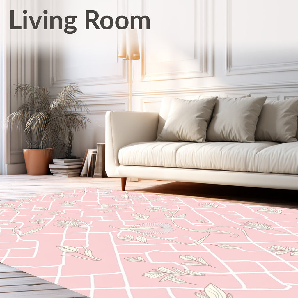 Delicate White Leaf Patterned Pink Rug