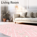 Delicate White Leaf Patterned Pink Rug