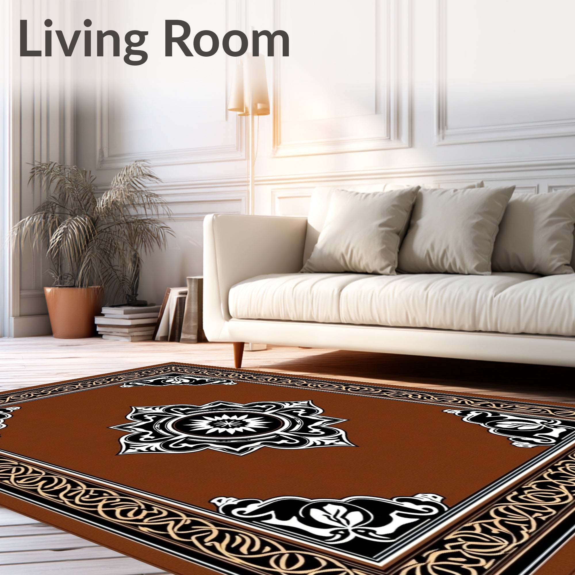 Intricate Black and Gold Scroll Border Rug
