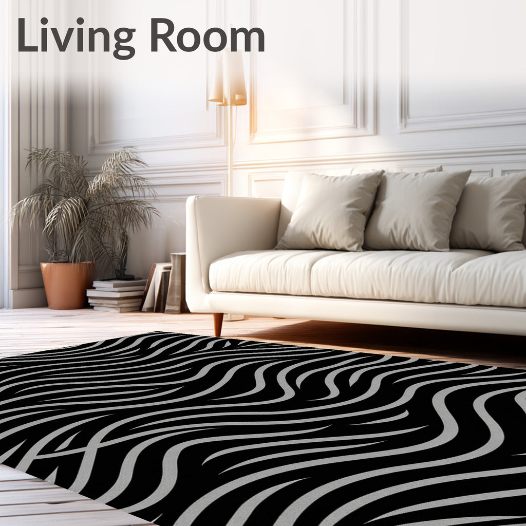 Black Silver Wavy Stripe Pattern Rug