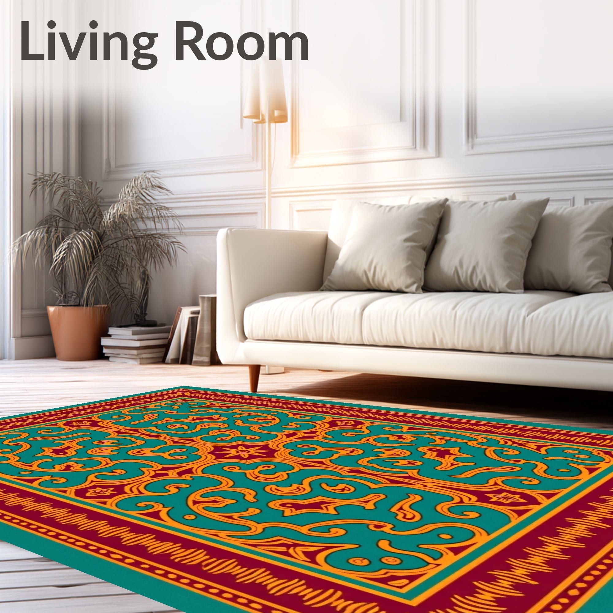 Ornate Teal Gold Floral Pattern Rug