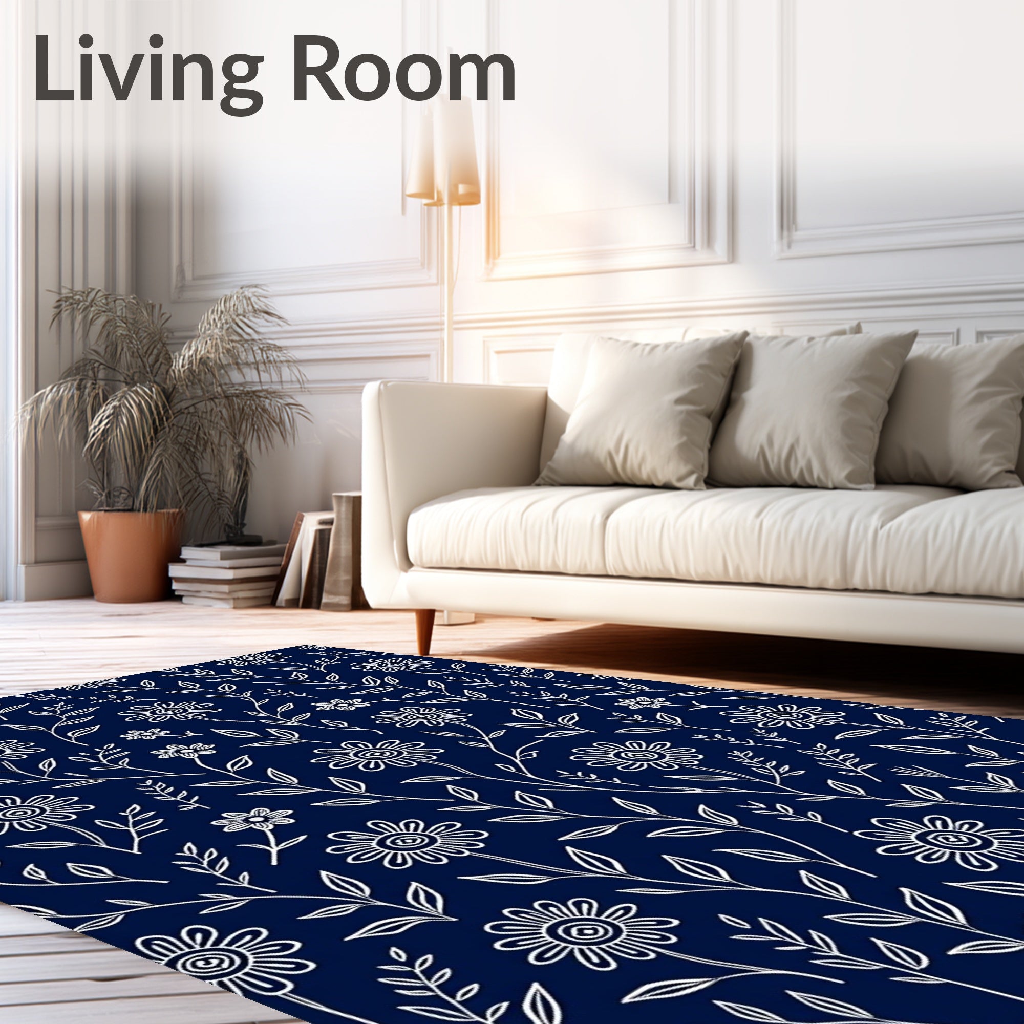 Delicate White Floral Vine Pattern Rug