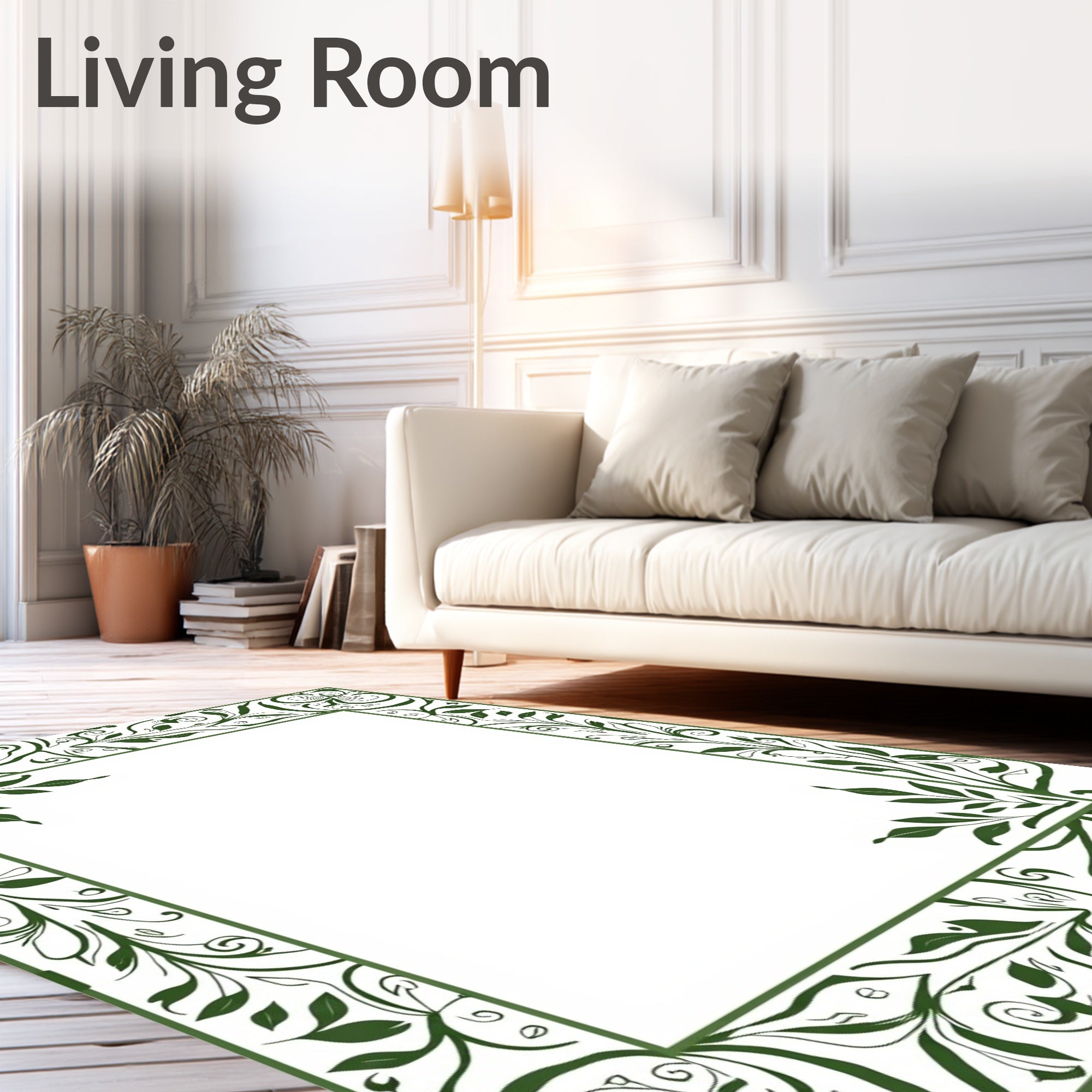 Elegant Green Floral Swirl Border Design Rug