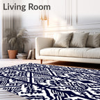 Dark Blue White Abstract Tribal Design Rug