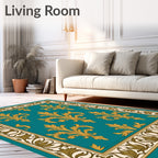 Elegant Gold Leaf Teal Damask Rug