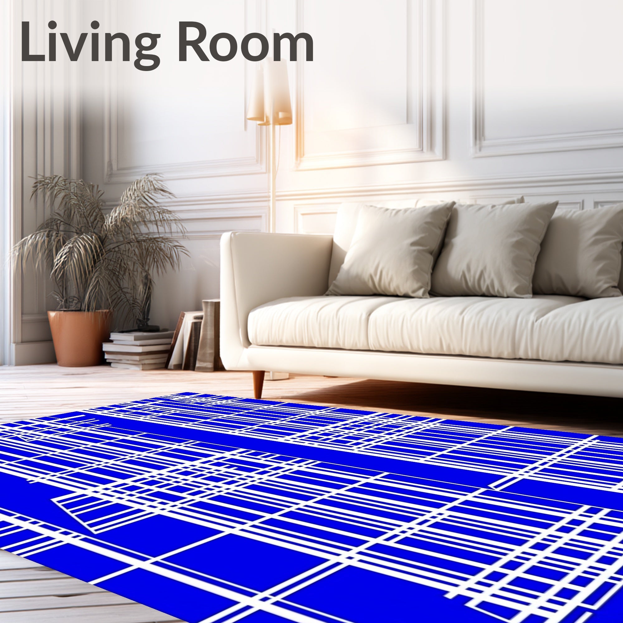 Bold Blue White Grid Pattern Rug