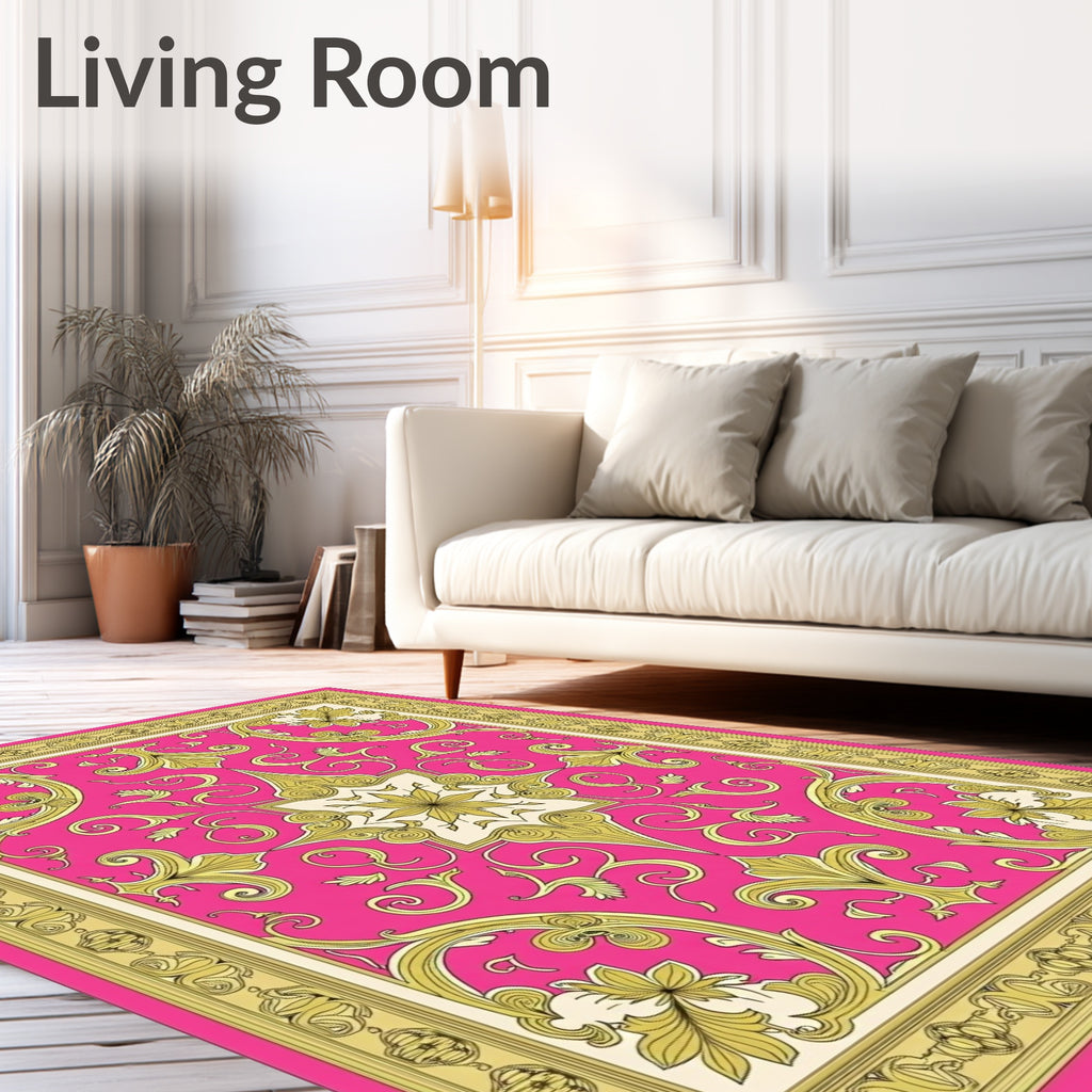 Ornate Floral Gold Pink Patterned Rug