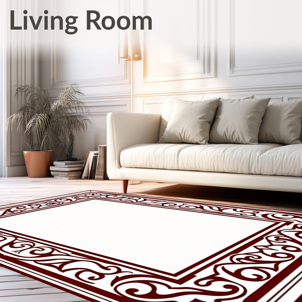Ornate Floral Scrollwork Red Border Design Rug