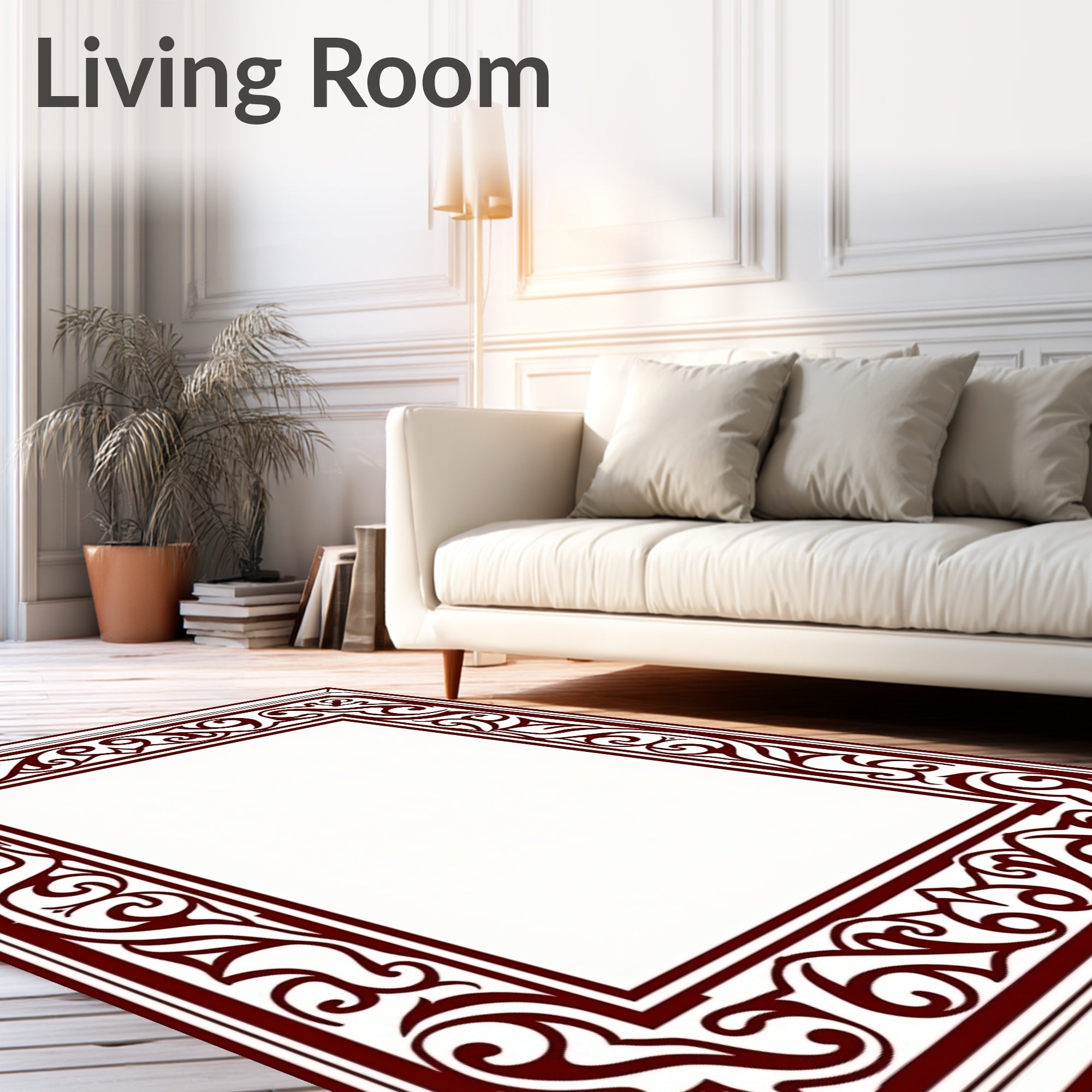 Ornate Floral Scrollwork Red Border Design Rug