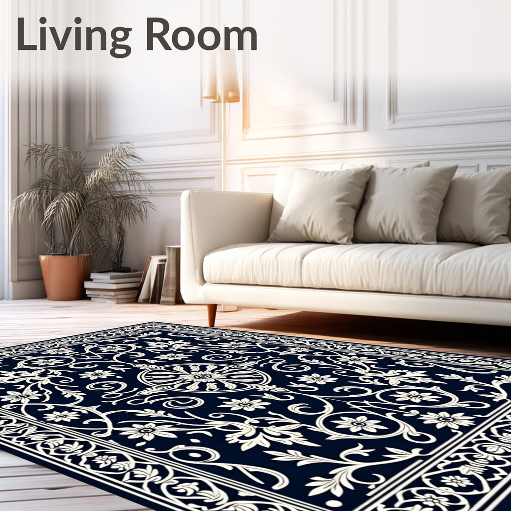 Classic Floral Medallion Navy Ivory Rug